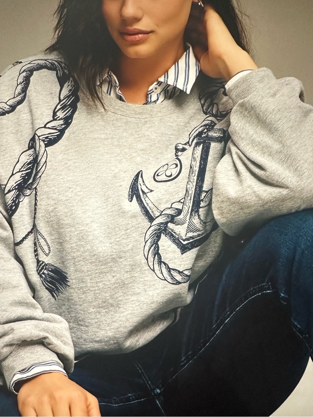 New with Tag! Anthropologie Maeve Gray Nautical Puff Sleeve Sweatshirt sz XL - Picture 5 of 10